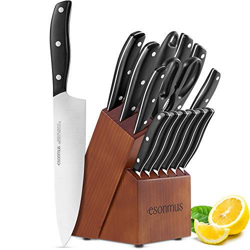 esonmus Cuchillos de Cocina Profesionales, 15 Piezas Juego de Cuchillos de Cocina, Hecho de Acero Alemán X50Cr15 Incluye Afilador de Cuchillos, Tijeras, Bloque de Madera