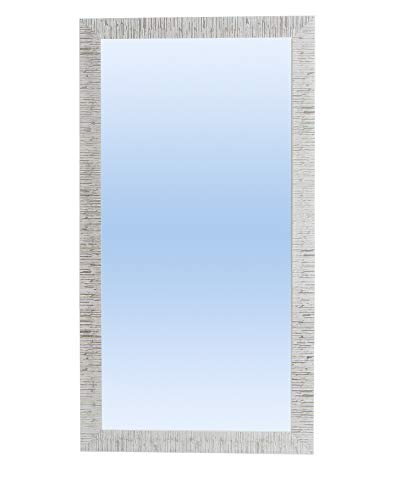 Espejo con Marco rústico tamaños Decorativo para Dormitorio salón Pasillo vestidor (Modelo Rayas) Horizontal y Vertical (120_x_80_cm, Blanco Plata rozado)