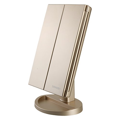 Espejo de Maquillaje con LED, Natural Iluminado Espejo de Mesa Luz con Ampliación 1X / 2X / 3X Plegable Espejo de la Vanidad Rotación 180° Pantalla Táctil Espejo Cosmético para Hombre y Mujer (Oro)