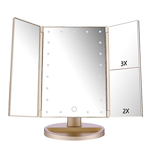Espejo de Maquillaje con LED, Natural Iluminado Espejo de Mesa Luz con Ampliación 1X / 2X / 3X Plegable Espejo de la Vanidad Rotación 180° Pantalla Táctil Espejo Cosmético para Hombre y Mujer (Oro)