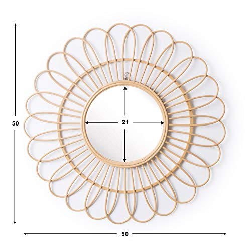 Espejo de pared decorativo redondo Kahala, ratán natural, estilo étnico & boho chic, nórdico, bonito y moderno, ligero, para pasillo baño o entrada, ratán, color natural, 50x50x3 cm.