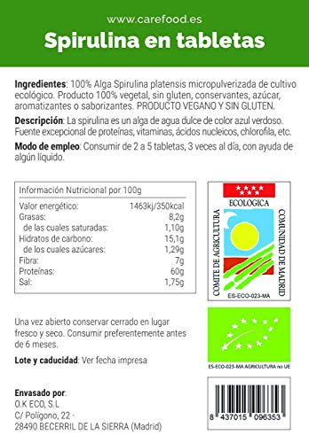 Espirulina ecológica en Comprimidos Premium Carefood para 100 días | 300 comprimidos de Alga Spirulina Bio Natural | Tratamiento para más de 3 meses | Superalimento calidad Carefood Espirulina ecológica en Comprimidos Premium Carefood para 100 días | 300 comprimidos de Alga Spirulina Bio Natural | Tratamiento para más de 3 meses | Superalimento calidad Carefood