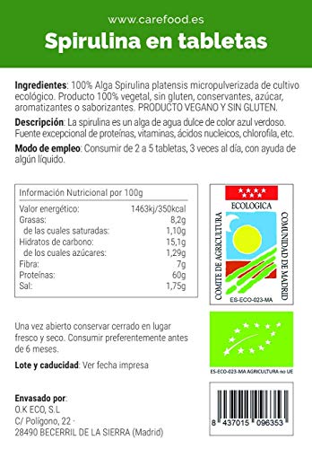 Espirulina ecológica en Comprimidos Premium Carefood para 100 días | 300 comprimidos de Alga Spirulina Bio Natural | Tratamiento para más de 3 meses | Superalimento calidad Carefood