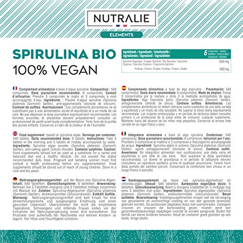 Espirulina Orgánica Bio 3000mg por Dosis | Complemento Detox Premium con Espirulina Ecológica 60% en Proteínas y 19% de Ficocianina | 540 Comprimidos Nutralie