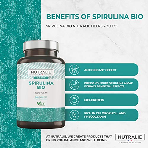 Espirulina Orgánica Bio 3000mg por Dosis | Complemento Detox Premium con Espirulina Ecológica 60% en Proteínas y 19% de Ficocianina | 540 Comprimidos Nutralie