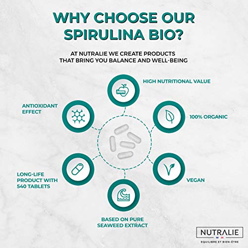 Espirulina Orgánica Bio 3000mg por Dosis | Complemento Detox Premium con Espirulina Ecológica 60% en Proteínas y 19% de Ficocianina | 540 Comprimidos Nutralie Espirulina Orgánica Bio 3000mg por Dosis | Complemento Detox Premium con Espirulina Ecológica 60% en Proteínas y 19% de Ficocianina | 540 Comprimidos Nutralie