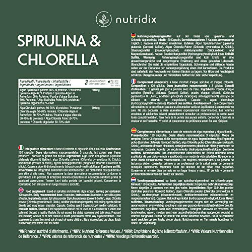 Espirulina y Chlorella 100% Veganas - Energia y Vitalidad - Detox y Saciante - Suplemento Rico en Minerales y Vitaminas - 120 Cápsulas Nutridix