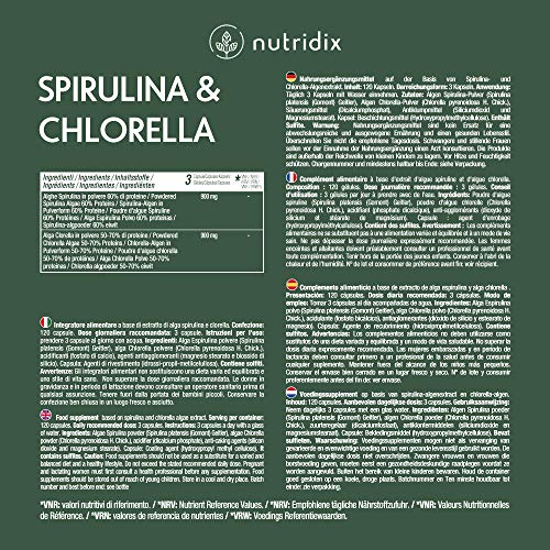 Espirulina y Chlorella 100% Veganas - Energia y Vitalidad - Detox y Saciante - Suplemento Rico en Minerales y Vitaminas - 120 Cápsulas Nutridix Espirulina y Chlorella 100% Veganas - Energia y Vitalidad - Detox y Saciante - Suplemento Rico en Minerales y Vitaminas - 120 Cápsulas Nutridix