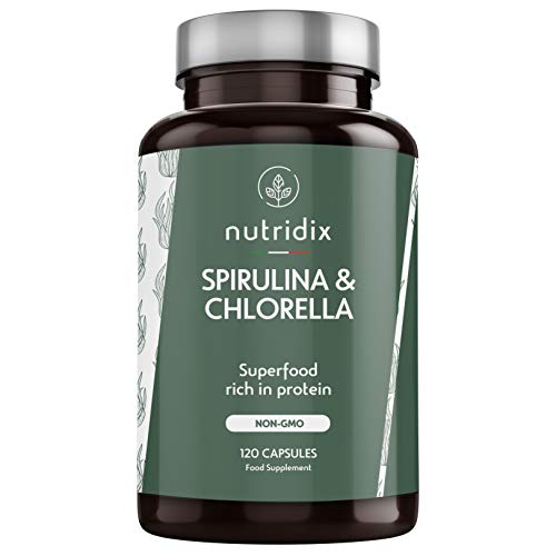 Espirulina y Chlorella 100% Veganas - Energia y Vitalidad - Detox y Saciante - Suplemento Rico en Minerales y Vitaminas - 120 Cápsulas Nutridix Espirulina y Chlorella 100% Veganas - Energia y Vitalidad - Detox y Saciante - Suplemento Rico en Minerales y Vitaminas - 120 Cápsulas Nutridix