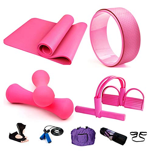 Essential Yoga Starter Set Kit,5pcs Includes Yoga Mat,2 x 0.5kg Mancuernas,1 Rueda de Yoga,1x Saltar la Cuerda,Resistencia al Yoga con Pedales,Para Pilates y Otros Entrenamientos de Fitness,Pink