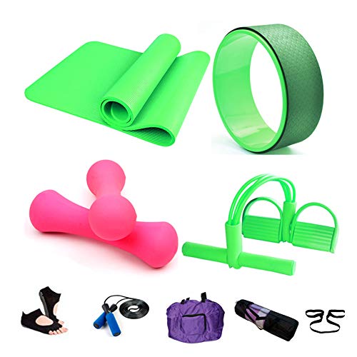 Essential Yoga Starter Set Kit,5pcs Includes Yoga Mat,2 x 0.5kg Mancuernas,1 Rueda de Yoga,1x Saltar la Cuerda,Resistencia al Yoga con Pedales,Para Pilates y Otros Entrenamientos de Fitness,Green