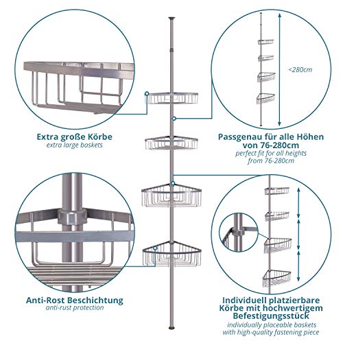Estante de Ducha telescópica sin Necesidad de taladrar - 4 cestas - tamaño Ajustable de 76 a 280 cm - Apariencia cromada - Bonus:¡2 Ganchos autoadhesivos