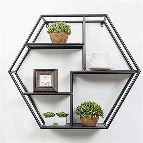 Estante de pared Estante hexagonal nórdico Estantería de pared de hierro forjado Estante para colgar en la pared Soporte de flores Fondo Decoración de pared Marco Soporte de exhibición (Color: Negro)