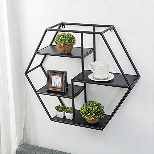 Estante de pared Estante hexagonal nórdico Estantería de pared de hierro forjado Estante para colgar en la pared Soporte de flores Fondo Decoración de pared Marco Soporte de exhibición (Color: Negro)