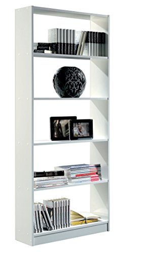 Estantería librería Biblioteca Abierta Color Blanco Brillo, 5 estantes y molduras Decorativas para Oficina, despacho o Estudio. 180cm Altura x 74cm Ancho x 25cm Fondo