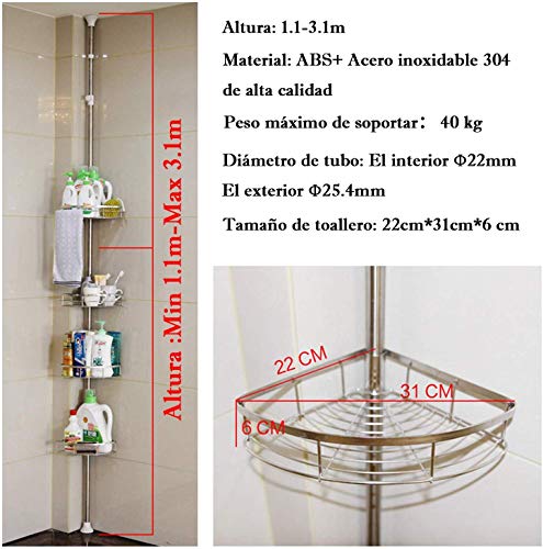 Estanterias de baño 110-310cm Estante de esquina telescópico para ducha 4 niveles, ABS + inoxidable