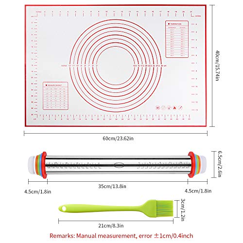 Estera de Silicona para Cocina Tapete de Silicona para Amasar Rodillos de Amasar Rolling Pins Pincel de repostería Cepillos de Aceite Barbacoa Antiadherente Fondant Rolling Pins con Discos Ajustables