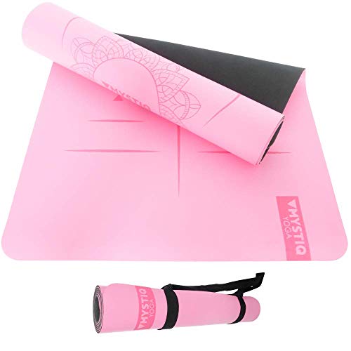 Esterilla de Yoga Elite | Caucho Natural & PU | Alfombra gruesa y Grande 185x68cm | Tapete Ultra antideslizante e ecológica | Colchoneta Pilates, fitness | Correa + E-Book Ofrecido (MANDALIGN Pink)