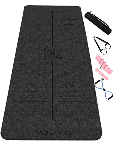 Esterilla Yoga Antideslizante,Esterilla Deporte Antideslizante con Línea Corporal Material ecológico TPE,Yoga Mat con Correa de Transporte y Bolsa183 * 61 * 0.6cm (Negro)