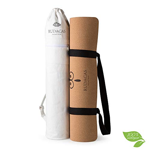 Esterilla Yoga de Corcho Natural Antideslizante, con Líneas, Bolsa Premium y Cinta, 6 milímetros de Grosor, Ideal