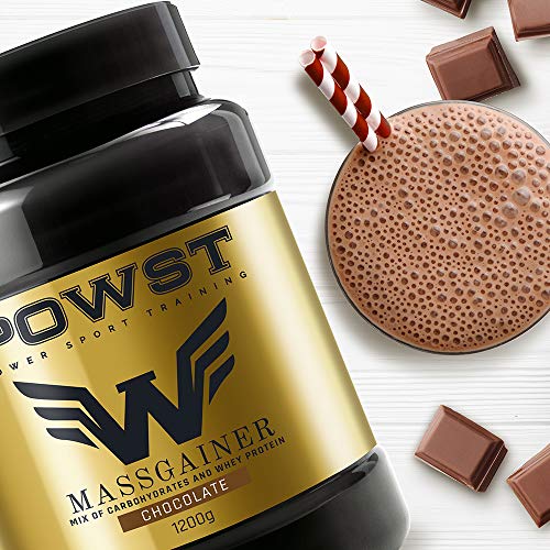 Estimulador Muscular, Suplemento Deportivo para Aumento de Masa Muscular con BCAA aminoacidos, Vitaminas y Minerales, 1,2Kg (Sabor Chocolate) Ganador de Peso, Mass Gainer POWST