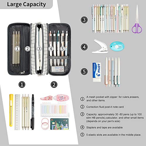 Estuche grande para lápices Estuches escolares de gran capacidad, portátil, papelería de oficina, útiles escolares, adecuado para estudiantes universitarios de secundaria, regalos(cuadros blancos)