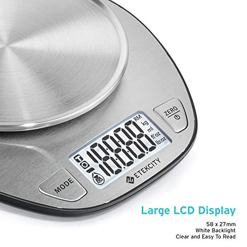 Etekcity Báscula de Cocina Digital de Alta Precisión, 5Kg / 11Lbs, Peso de Cocina Multifuncional de Acero Inoxidable, Gran Pantalla de LCD, Ek4352H