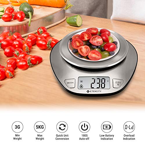 Etekcity Báscula de Cocina Digital de Alta Precisión, 5Kg / 11Lbs, Peso de Cocina Multifuncional de Acero Inoxidable, Gran Pantalla de LCD, Ek4352H