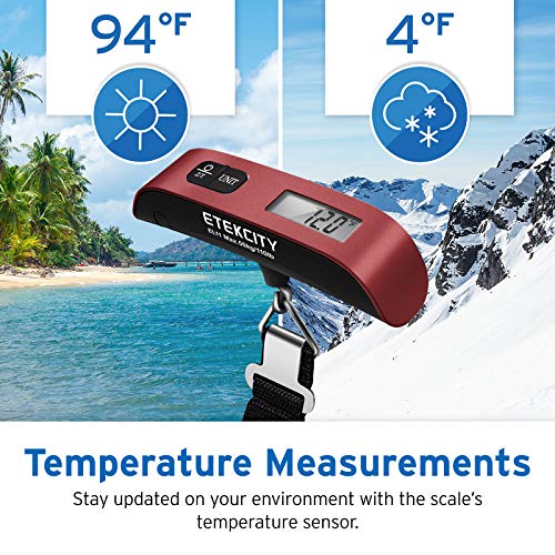 ETEKCITY Báscula de Equipaje (0,05kg / 0,01lb) Digital con Gancho (50 kg/ 110 LB), Pantalla LCD, Función de Tara y Datos-Bloqueados, Sensor de Temperatura, para Maletas Equipaje de Viaje EL11, Rojo