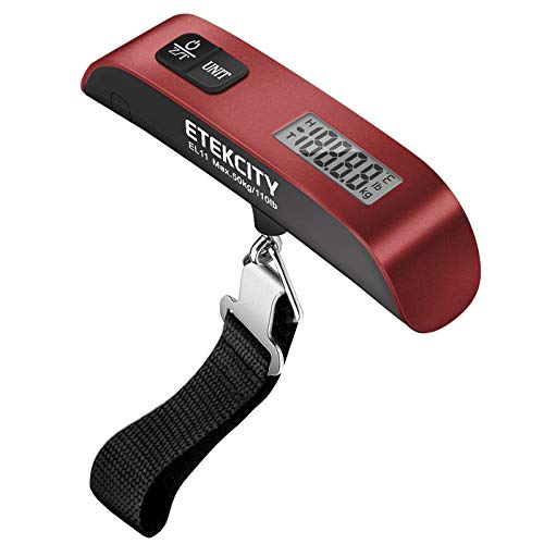 ETEKCITY Báscula de Equipaje (0,05kg / 0,01lb) Digital con Gancho (50 kg/ 110 LB), Pantalla LCD, Función de Tara y Datos-Bloqueados, Sensor de Temperatura, para Maletas Equipaje de Viaje EL11, Rojo