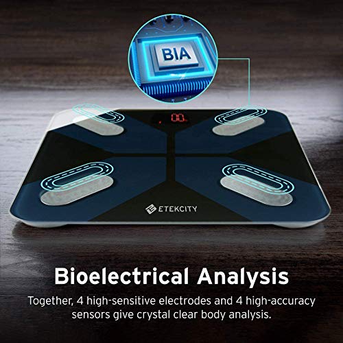 ETEKCITY Báscula Grasa Corporal Inteligente, Báscula Digital de Baño Hasta 180kg, Plataforma (300×300 mm) y Gran LED, 13 Parámetros Esenciales, Alta Precisión con Bluetooth, APP para Android e iOS