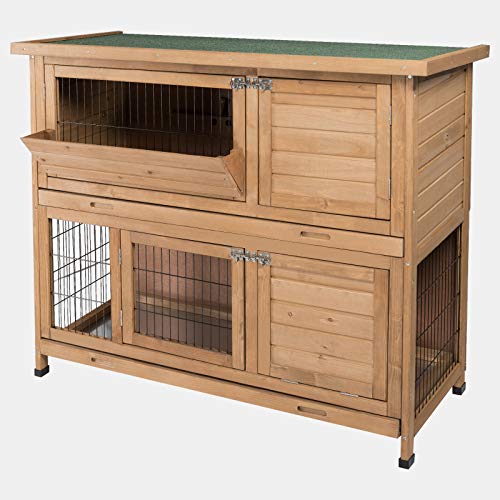 EUGAD Conejera de Exterior Madera con Bandejas Casa/Jaula para Conejos Cobayas Mascotas Jaula para Animales Pequeños 2 Niveles, 4 Puertas 120 x 100,5 x 50 cm, Marrón Claro 0005TL