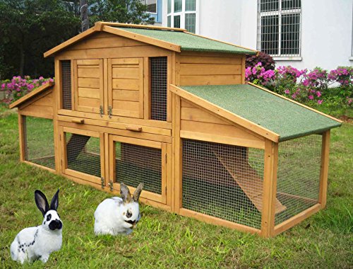 EUGAD Conejera de Exterior Madera Gallinero Jaula para Conejos Cobayas Hámster Caseta Conejo Animales Pequeños Impermeable 2 Niveles, 4 Puertas 230xH99xT74cm 0033HT