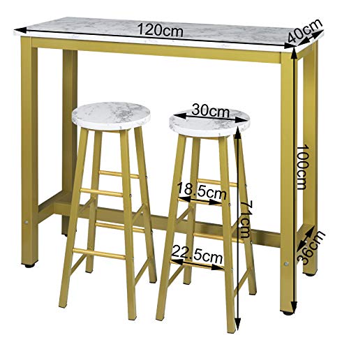 EUGAD Juego Mesa de Bar con 2 Taburetes de Bar Mesa de Comedor Mesa Alta de Cocina Mesa de Bistro Mostrador de Estructura de Metal, Tablero de Madera 120x40x100cm Oro + Mármol Blanco 0005BAZ+0652BY-2 EUGAD Juego Mesa de Bar con 2 Taburetes de Bar Mesa de Comedor Mesa Alta de Cocina Mesa de Bistro Mostrador de Estructura de Metal, Tablero de Madera 120x40x100cm Oro + Mármol Blanco 0005BAZ+0652BY-2