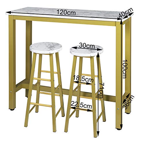 EUGAD Juego Mesa de Bar con 2 Taburetes de Bar Mesa de Comedor Mesa Alta de Cocina Mesa de Bistro Mostrador de Estructura de Metal, Tablero de Madera 120x40x100cm Oro + Mármol Blanco 0005BAZ+0652BY-2