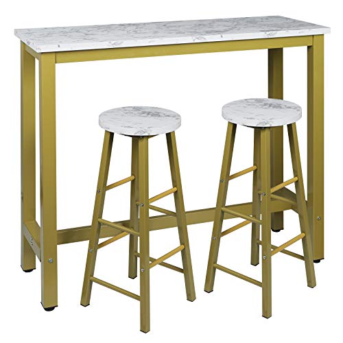 EUGAD Juego Mesa de Bar con 2 Taburetes de Bar Mesa de Comedor Mesa Alta de Cocina Mesa de Bistro Mostrador de Estructura de Metal, Tablero de Madera 120x40x100cm Oro + Mármol Blanco 0005BAZ+0652BY-2 EUGAD Juego Mesa de Bar con 2 Taburetes de Bar Mesa de Comedor Mesa Alta de Cocina Mesa de Bistro Mostrador de Estructura de Metal, Tablero de Madera 120x40x100cm Oro + Mármol Blanco 0005BAZ+0652BY-2