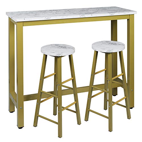 EUGAD Juego Mesa de Bar con 2 Taburetes de Bar Mesa de Comedor Mesa Alta de Cocina Mesa de Bistro Mostrador de Estructura de Metal, Tablero de Madera 120x40x100cm Oro + Mármol Blanco 0005BAZ+0652BY-2