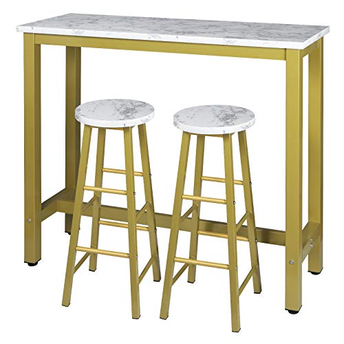 EUGAD Juego Mesa de Bar con 2 Taburetes de Bar Mesa de Comedor Mesa Alta de Cocina Mesa de Bistro Mostrador de Estructura de Metal, Tablero de Madera 120x40x100cm Oro + Mármol Blanco 0005BAZ+0652BY-2 EUGAD Juego Mesa de Bar con 2 Taburetes de Bar Mesa de Comedor Mesa Alta de Cocina Mesa de Bistro Mostrador de Estructura de Metal, Tablero de Madera 120x40x100cm Oro + Mármol Blanco 0005BAZ+0652BY-2
