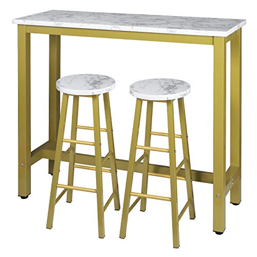 EUGAD Juego Mesa de Bar con 2 Taburetes de Bar Mesa de Comedor Mesa Alta de Cocina Mesa de Bistro Mostrador de Estructura de Metal, Tablero de Madera 120x40x100cm Oro + Mármol Blanco 0005BAZ+0652BY-2