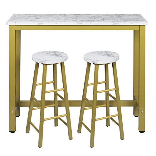 EUGAD Juego Mesa de Bar con 2 Taburetes de Bar Mesa de Comedor Mesa Alta de Cocina Mesa de Bistro Mostrador de Estructura de Metal, Tablero de Madera 120x40x100cm Oro + Mármol Blanco 0005BAZ+0652BY-2