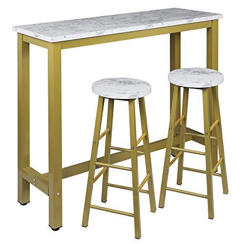 EUGAD Juego Mesa de Bar con 2 Taburetes de Bar Mesa de Comedor Mesa Alta de Cocina Mesa de Bistro Mostrador de Estructura de Metal, Tablero de Madera 120x40x100cm Oro + Mármol Blanco 0005BAZ+0652BY-2