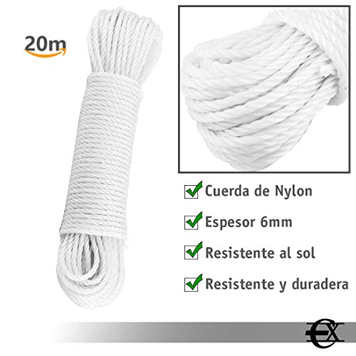 EUROXANTY® Cuerda para Tender Ropa | Resistente y Duradera Azoteas y Campings | Cuerda De Acampada Blanca 15mx 6mm