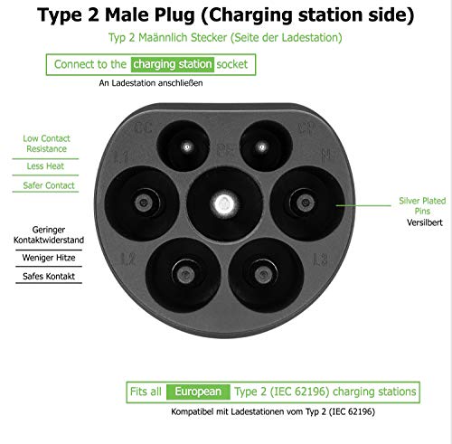 EV + Cable de carga de repuesto para vehículo eléctrico – Tipo 2 IEC 62196 – Conector de carga PHEV – 3 fases 32 A (22 kW) negro/blanco