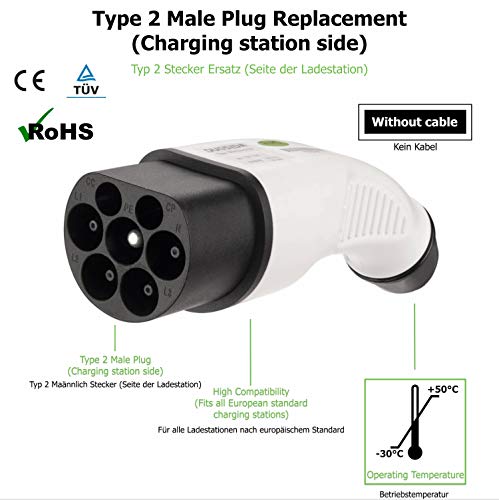 EV + Cable de carga de repuesto para vehículo eléctrico – Tipo 2 IEC 62196 – Conector de carga PHEV – 3 fases 32 A (22 kW) negro/blanco EV + Cable de carga de repuesto para vehículo eléctrico – Tipo 2 IEC 62196 – Conector de carga PHEV – 3 fases 32 A (22 kW) negro/blanco