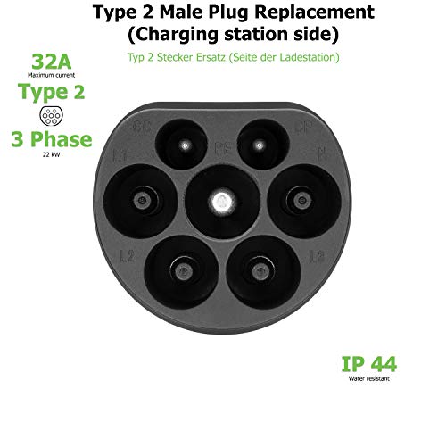 EV + Cable de carga de repuesto para vehículo eléctrico – Tipo 2 IEC 62196 – Conector de carga PHEV – 3 fases 32 A (22 kW) negro/blanco