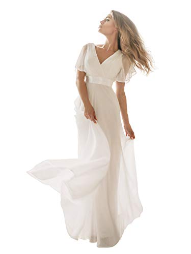 Ever-Pretty A-línea Vestido de Fiesta Cuello en V Manga Corta Gasa Corte Imperio para Mujer Blanco 36 Ever-Pretty A-línea Vestido de Fiesta Cuello en V Manga Corta Gasa Corte Imperio para Mujer Blanco 36