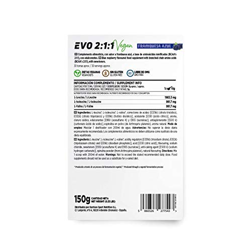 Evo 2:1:1 de HSN | BCAA 2 1 1 en Polvo | Suplemento de Aminoácidos Veganos Sabor Frambuesa Azul | 30 servicios