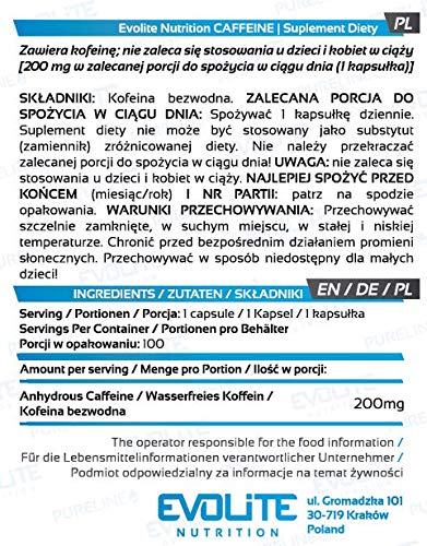 Evolite Nutrition - 200 mg di Caffeina 100 capsule di Pure Power. Potenzia la tua energia.