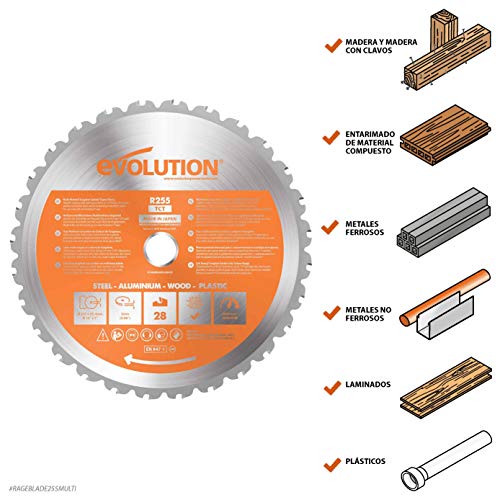 Evolution Power Tools - Hoja de sierra multiuso con punta de acero de carburo RAGE, 255 mm Evolution Power Tools - Hoja de sierra multiuso con punta de acero de carburo RAGE, 255 mm