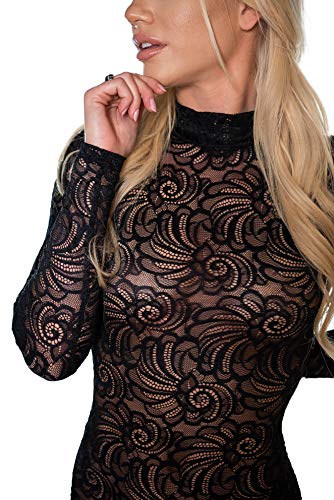 Evoni - Body elástico para mujer de cuello alto y manga larga, con cierre en la entrepierna y diseño de encaje transparente negro Medium
